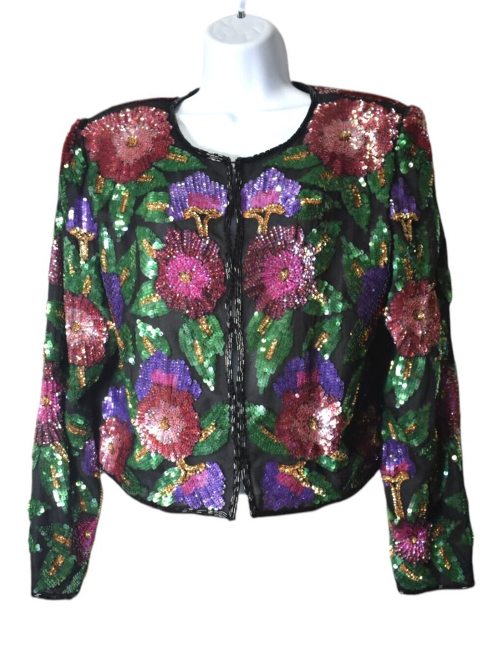 Vintage 80s Glam Laurence Kazar Silk Sequin Floral Jacket Black Multicolor P M
